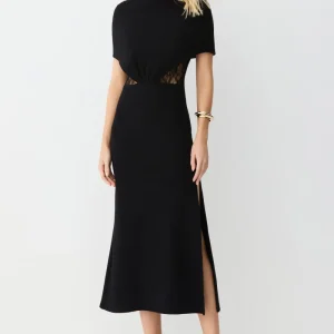 VESTIDO MIDI ALONGADO RENDA COSTAS E LATERAIS PRETO