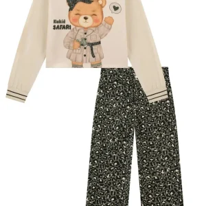 Conjunto de Blusa Boxy em Meia Malha e Calça Reta em Sarja com Elastano 90676 Kukiê Infantil Menina