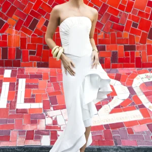 SAIA MIDI BARRA ASSIMETRICA  BABADOS ESTRUTURADOS OFF WHITE