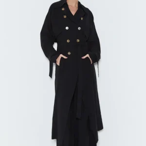 CASACO TRENCH COAT ALONGADO COM BARRA ASSIMETRICA PRETO
