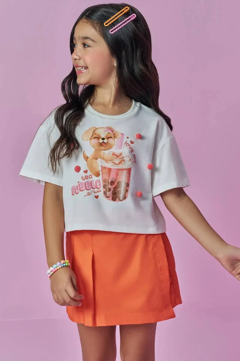Conjunto de Blusa Boxy em Meia Malha e Short Saia em Tricoline de Algodão 93672 Kukiê Infantil Menina - Image 5