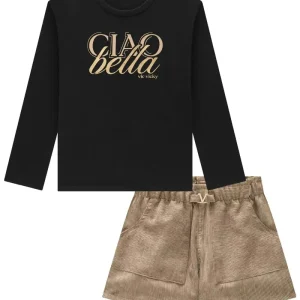 Conjunto de Blusa em Cotton e Shorts em Veludo Cotelê Gold 91977 Vic&Vicky Teen Menina