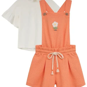 Conjunto de Blusa em Meia Malha e Jardineira em Malha Big Waffle 95010 Kukiê Infantil Menina